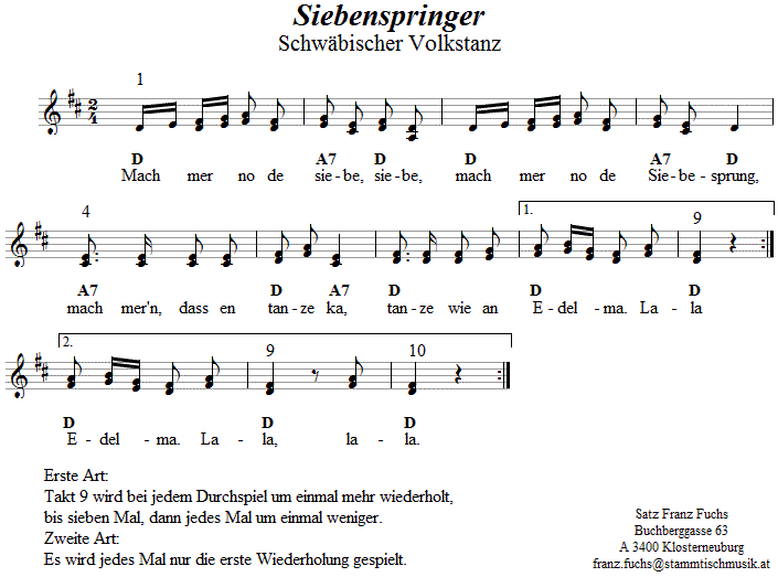 Siebenspringer, Volkstanznoten