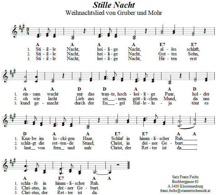 Stille Nacht, heilige Nacht, Weihnachtslied in zweistimmigen Noten