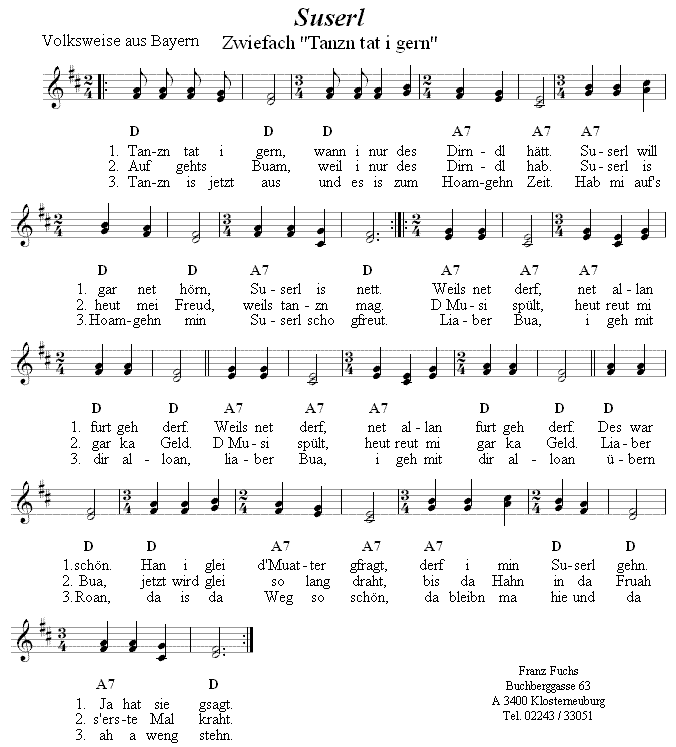 Suserl (Zuserl, Tanzn tat i gern) - Zwiefacher, Volkstanznoten