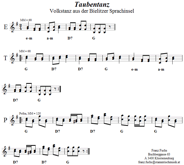 Taubentanz, Volkstanznoten