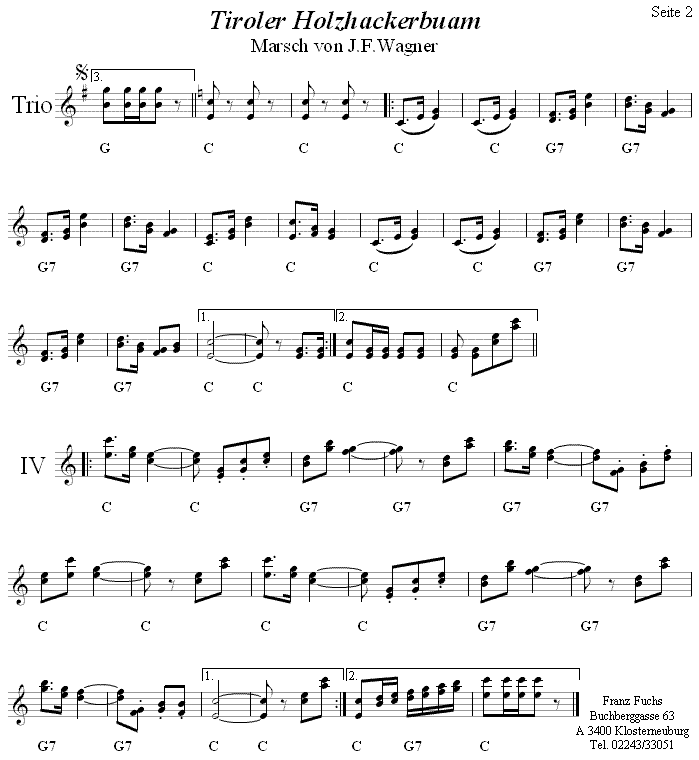 Tiroler Holzhackerbuam, Marsch von J.F. Wagner in zweistimmigen Noten