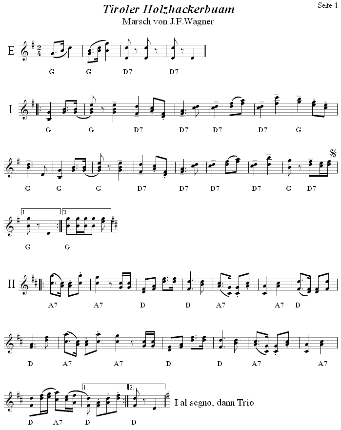 Tiroler Holzhackerbuam, Marsch von J.F. Wagner in zweistimmigen Noten