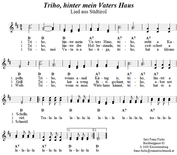 Triho, hinter mein Vaters Haus, zweistimmiges Lied