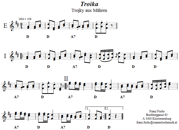 Troika (Mähren), Volkstanznoten