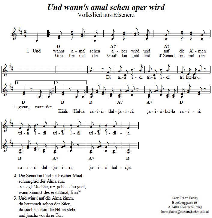 Und wanns amal schen aper wird, Lied mit Jodler