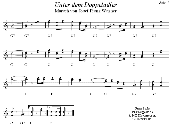 Unter dem Doppeladler, Marsch von Josef Franz Wagner in zweistimmigen Noten