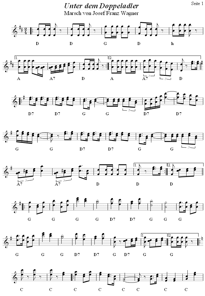 Unter dem Doppeladler, Marsch von Josef Franz Wagner in zweistimmigen Noten
