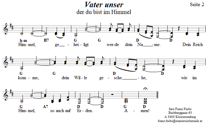 Vater unser, Kirchenlied in zweistimmigen Noten