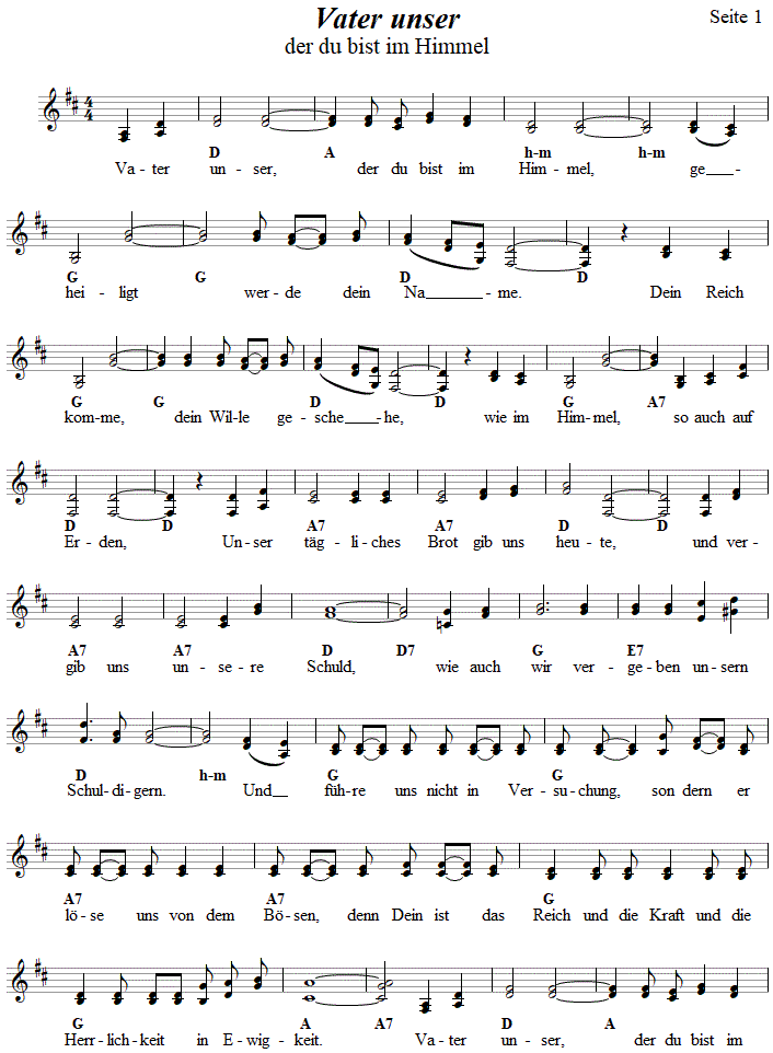 Vater unser, Kirchenlied in zweistimmigen Noten