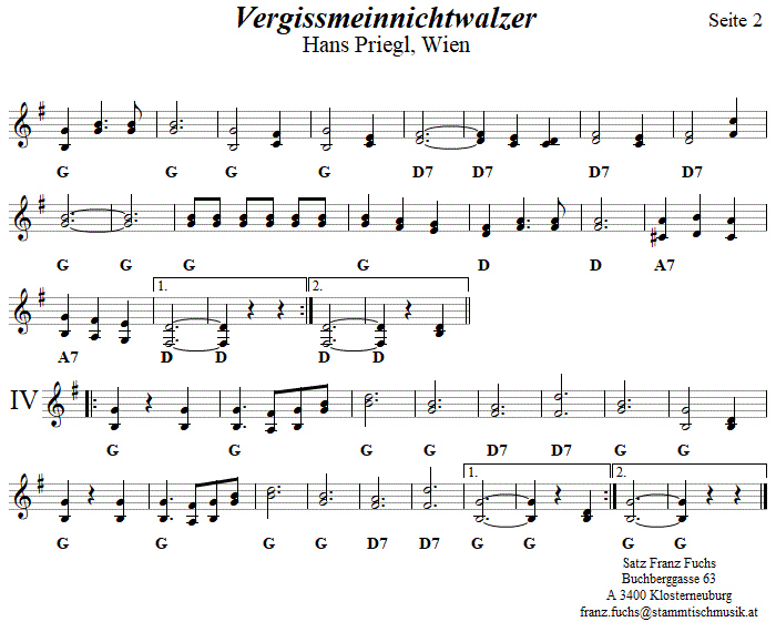 Vergissmeinnichtwalzer von Hand Priegl - Noten aus dem Repertoire - Volksmusik im Wirtshaus