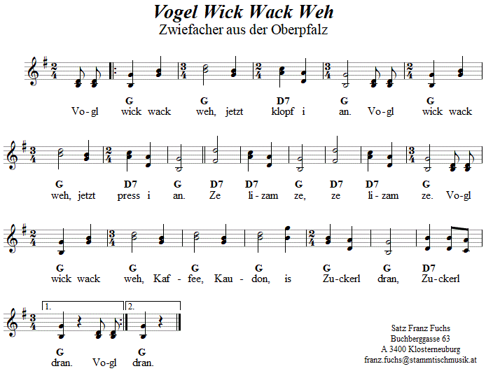 Vogel Wick Wack Weh, Zwiefacher, Volkstanznoten