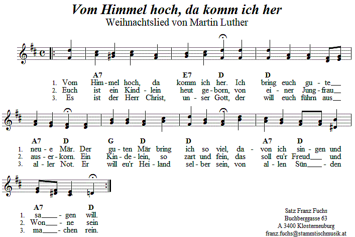 Vom Himmel hoch, da komm ich her, Weihnachtslied in zweistimmigen Noten