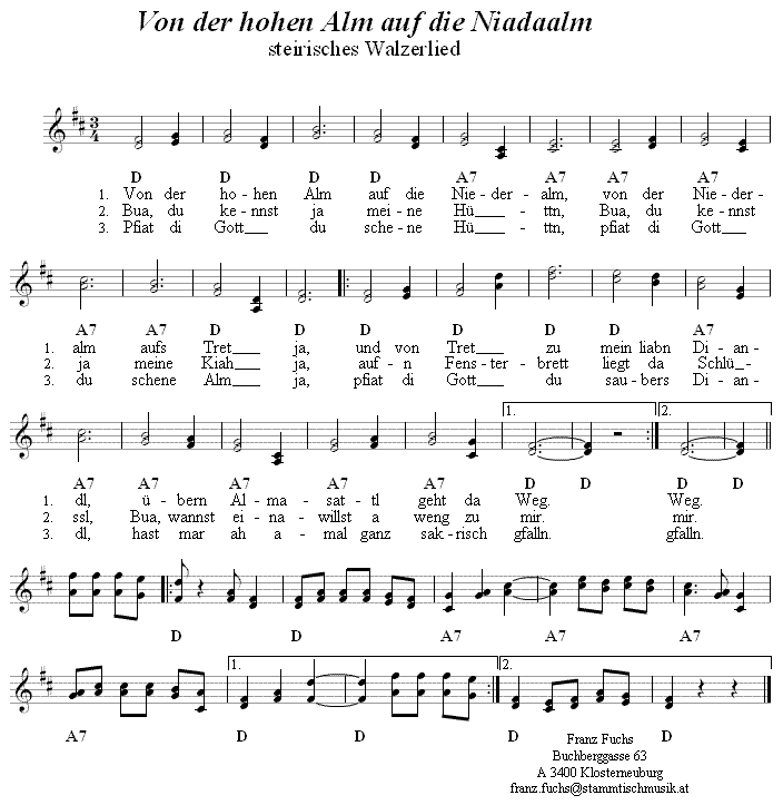 Von der hohen Alm auf die Niederalm - zweistimmige Noten