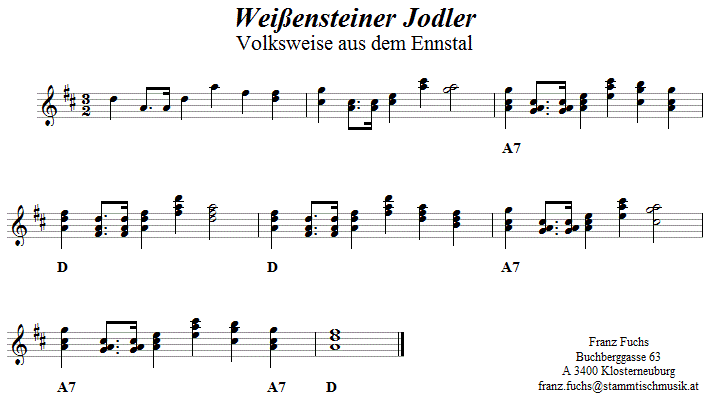 Weißensteiner Jodler, Noten aus dem Repertoire