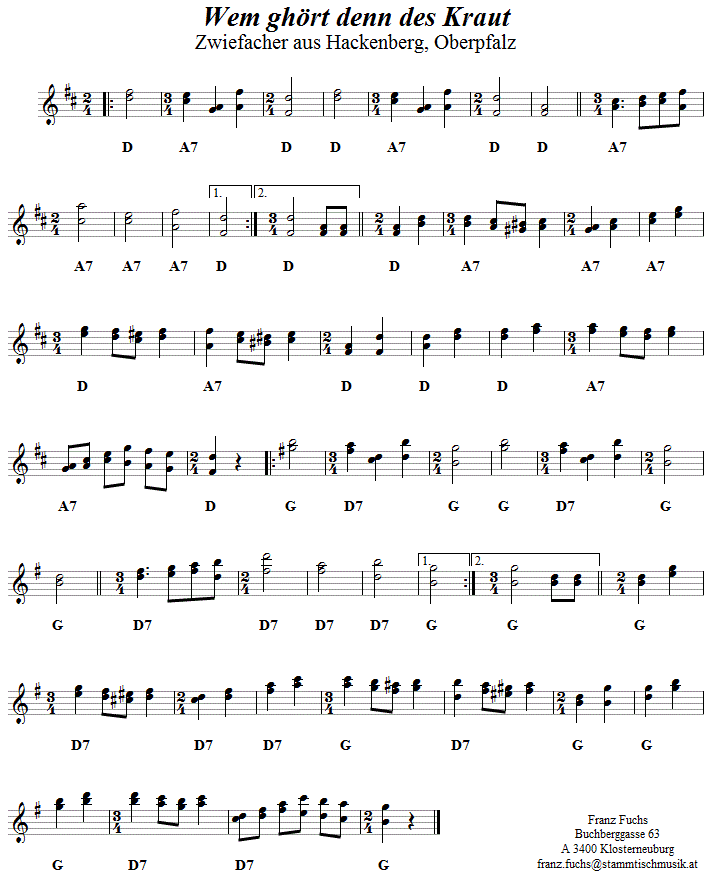 Wem ghört denn des Kraut Zwiefacher, in zweistimmigen Noten