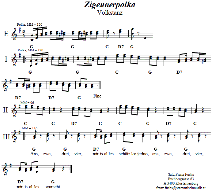 Zigeunerpolka, Volkstanznoten