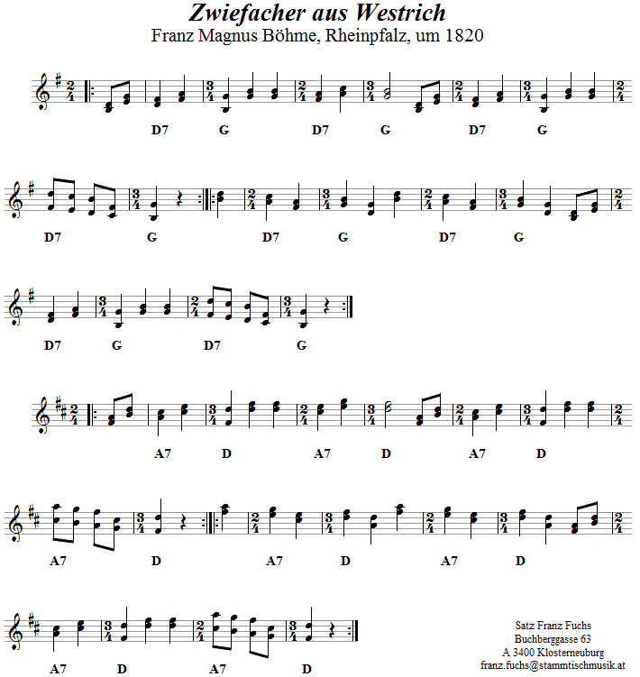 Zwiefacher aus Westrich, Volkstanznoten