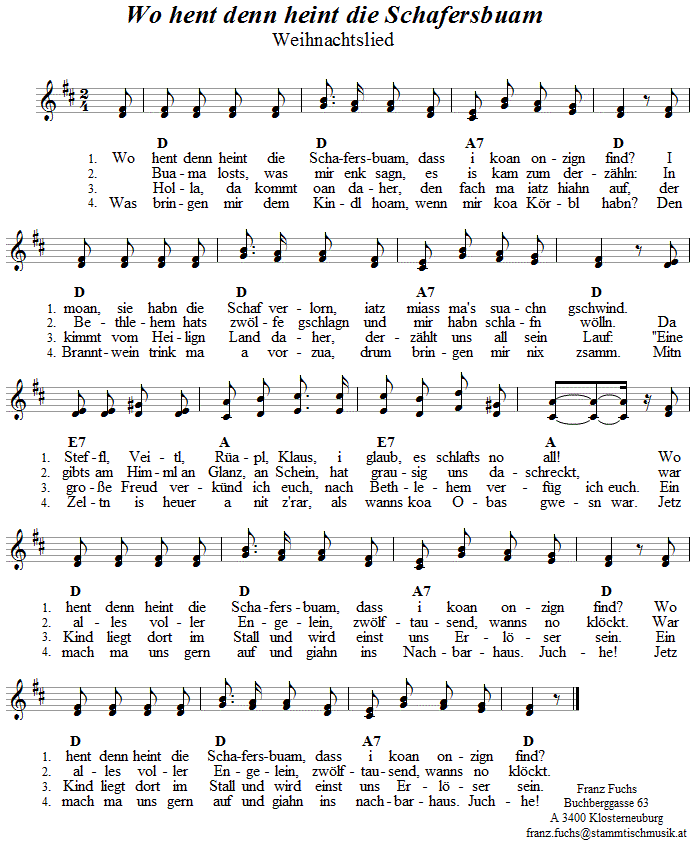 Wo hent denn heint die Schafersbuatm, Weihnachtslied in zweistimmigen Noten